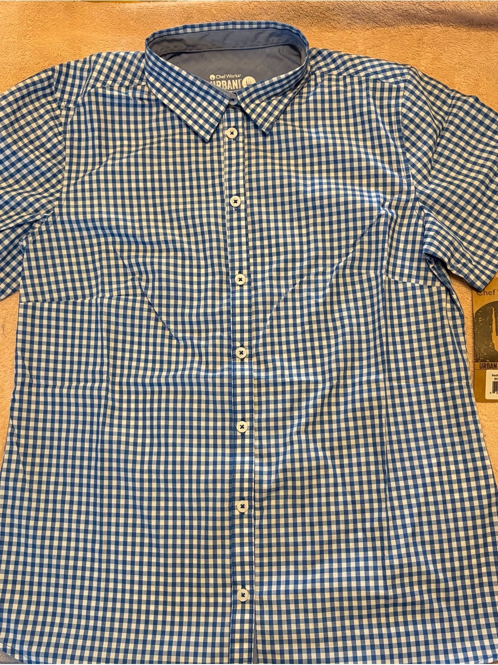 Chefs work Urban collection. Blue & White Gingham Short-Sleeve Button-Down